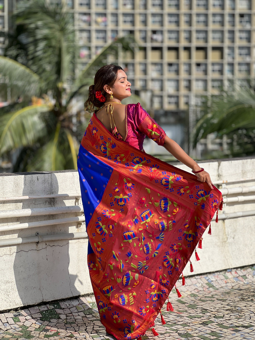 Vedant Vastram Soft Litchi Silk Paithani Jacquard Saree - Blue - Distacart