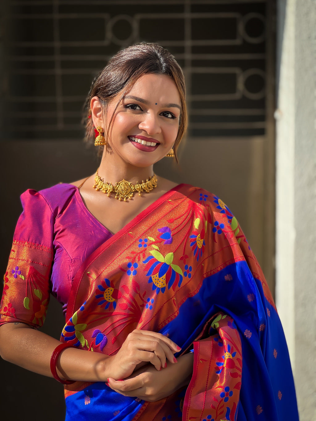 Vedant Vastram Soft Litchi Silk Paithani Jacquard Saree - Blue - Distacart