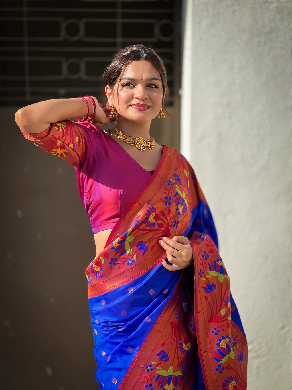 Vedant Vastram Soft Litchi Silk Paithani Jacquard Saree - Blue - Distacart