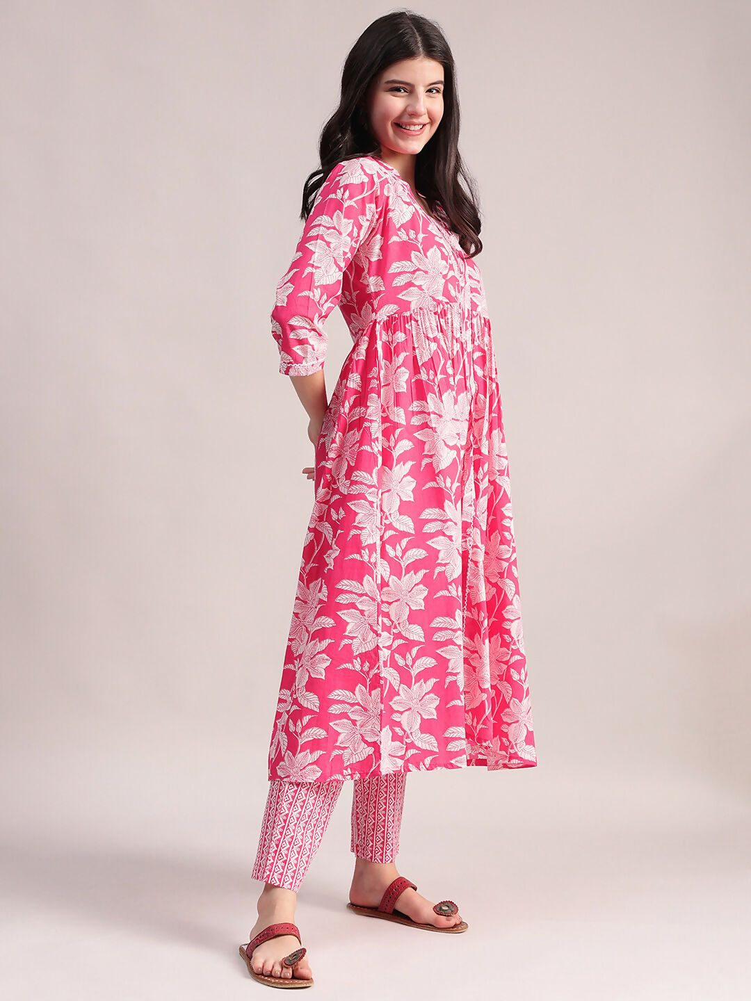 Aavyora Women's Pink Floral Cotton Kurta with Lace Detailing, with Trouser & Dupatta
