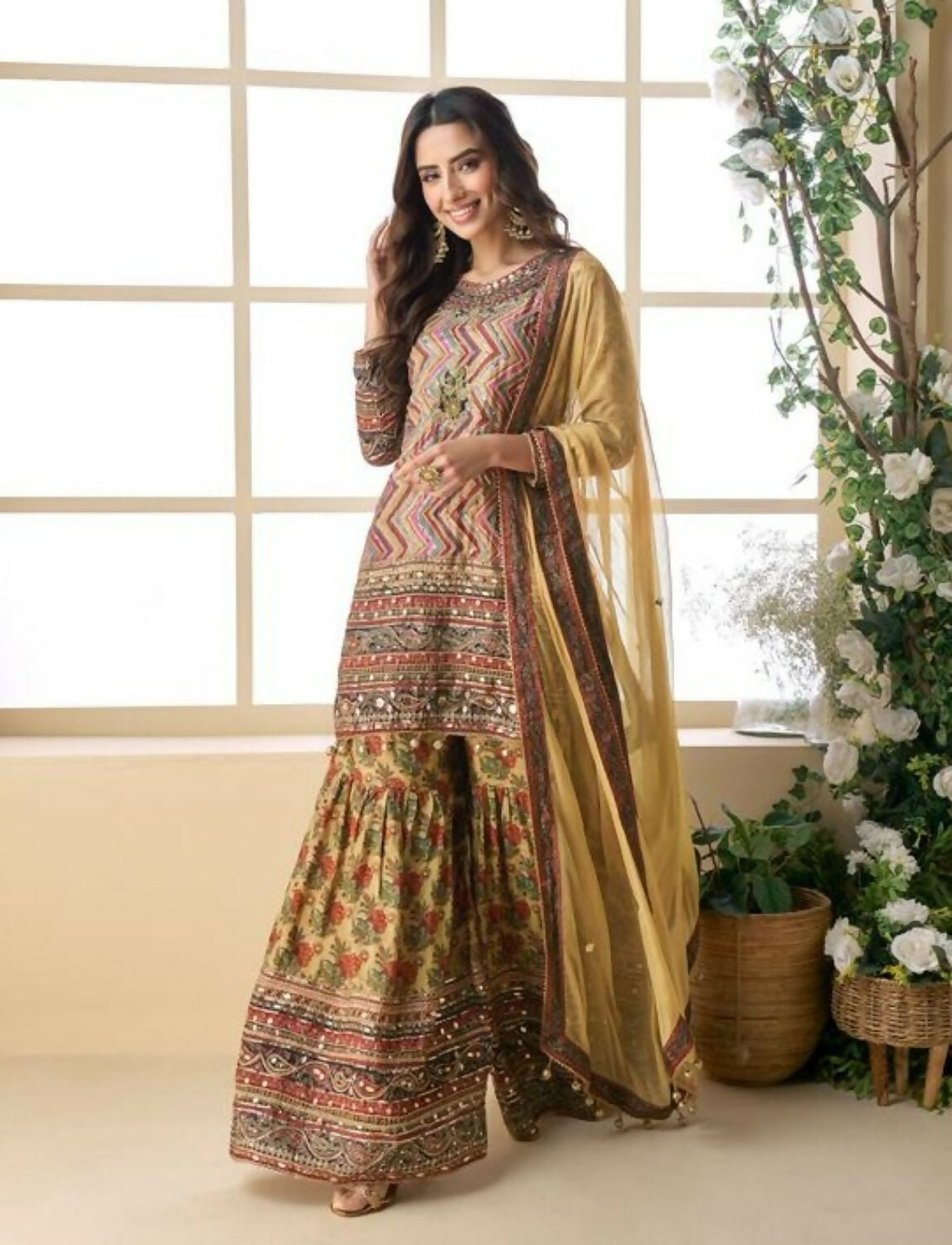 Anaita Yellow Heavy Crepe Silk Ready Made Suit with Multi Digital Printed & Aari Work - Distacart
