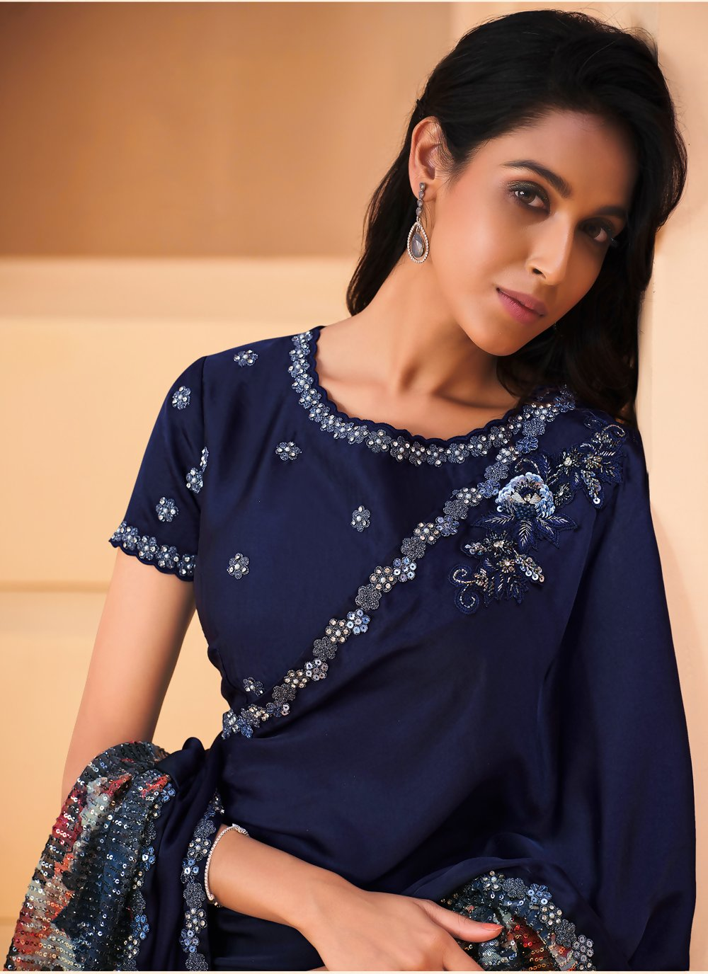 Navy Blue Satin Crepe Silk Embroidery with Digital Sequence Work Saree - Norita Helly