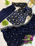 Vastranavya Blue Velvet Front Embroidery Work Kurta With Bottom & Dupatta - Distacart