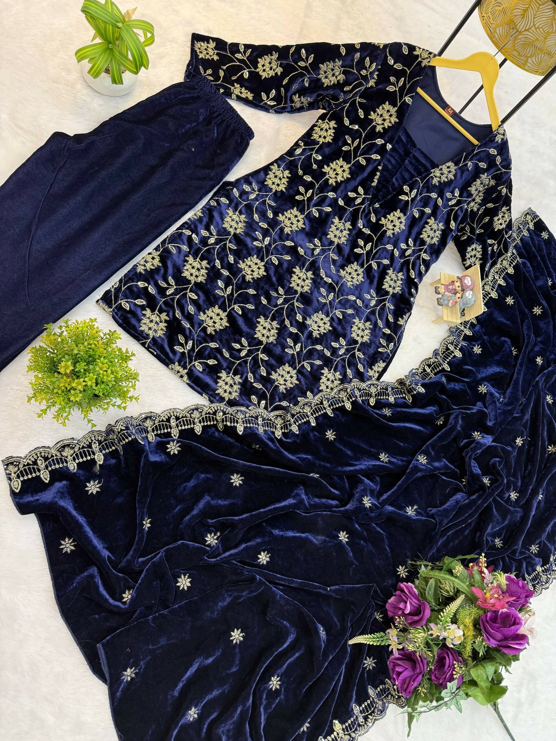 Vastranavya Blue Velvet Front Embroidery Work Kurta With Bottom & Dupatta - Distacart