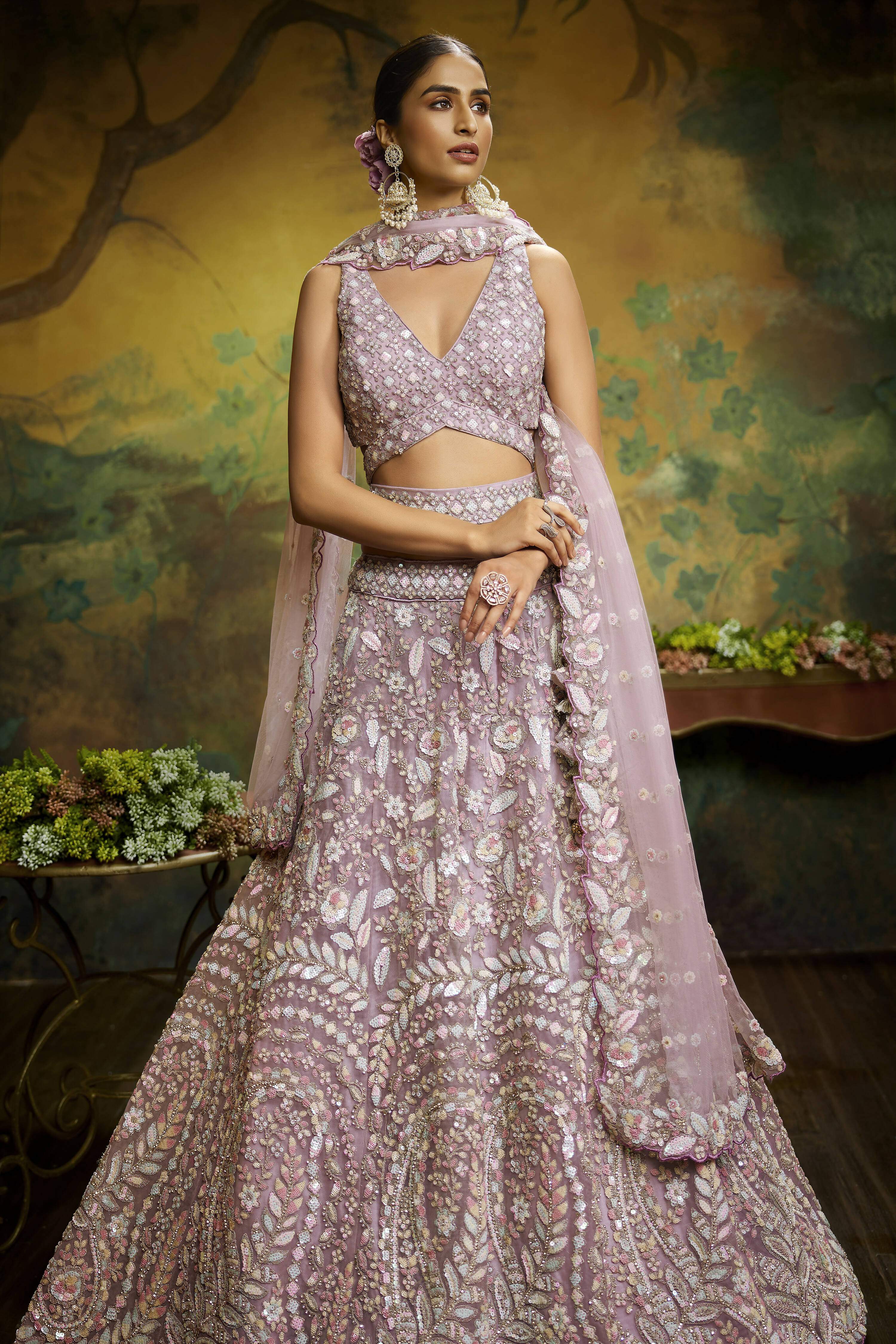 House of Panchhi Mauve Net Multi Sequins with heavy Zarkan embroidery Lehenga choli & Dupatta