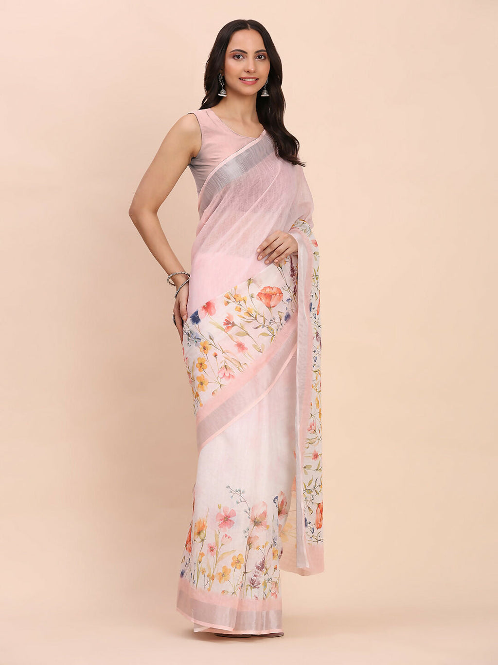 Shree Shyam Fashion Linen Cotton Light Pink Saree - Distacart