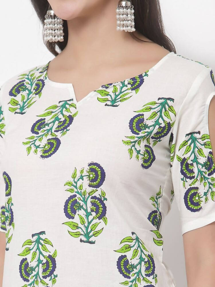 Myshka Women's White Cotton Blend Printed Half Sleeves V Neck Casual Kurta with Palazzo Set