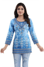 Snehal Creations Novelista Sky Blue Faux Crepe Printed Short Kurti Tunic
