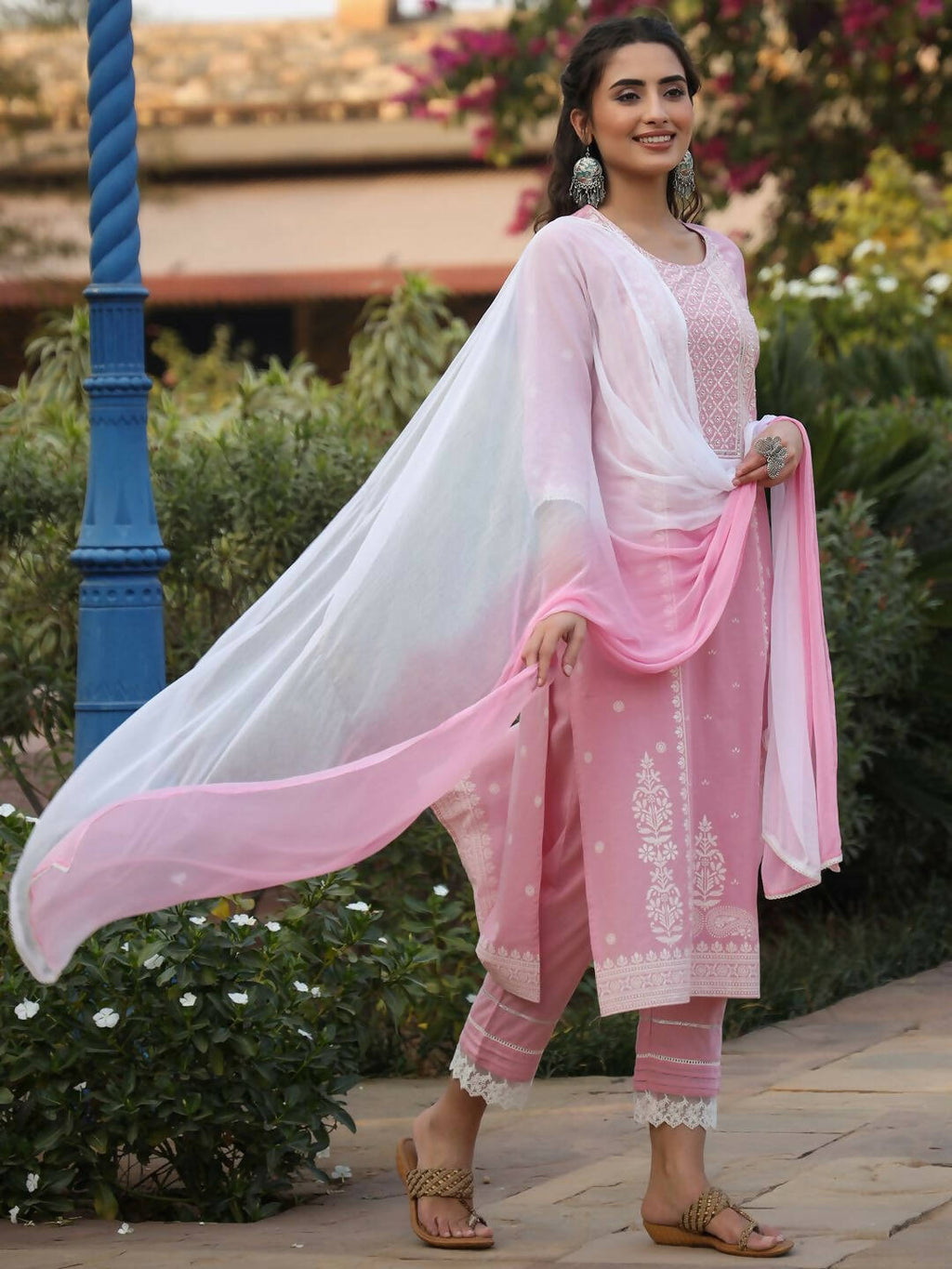 Juniper Women's Pink Cambric Floral Print Kurta Straight Pant And Duptta Sets - Distacart