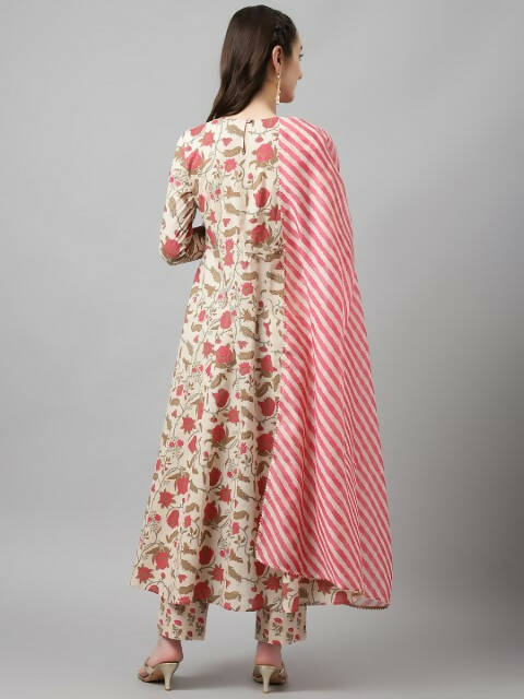 FIORRA Women's Beige Pure Cotton Flared Kurta Pant With Dupatta