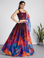 House of Panchhi Multi colour Organza Abstrack design digital print Semi-Stitched Lehenga choli & Dupatta