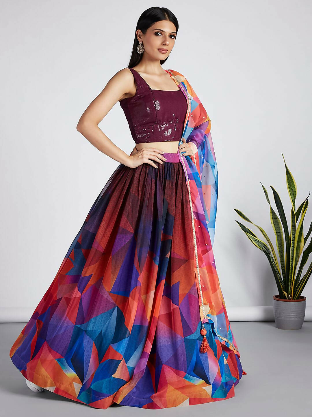 House of Panchhi Multi colour Organza Abstrack design digital print Semi-Stitched Lehenga choli & Dupatta