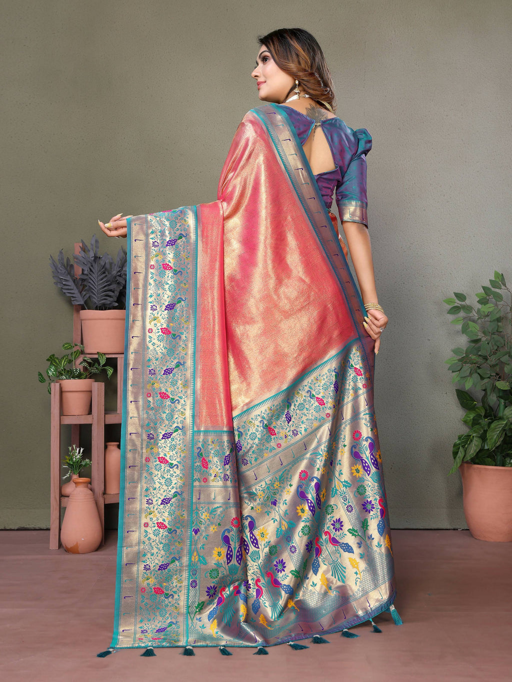 Aastha Fashion Dusty Pink Tissue Silk Paithani Woven Saree - Distacart