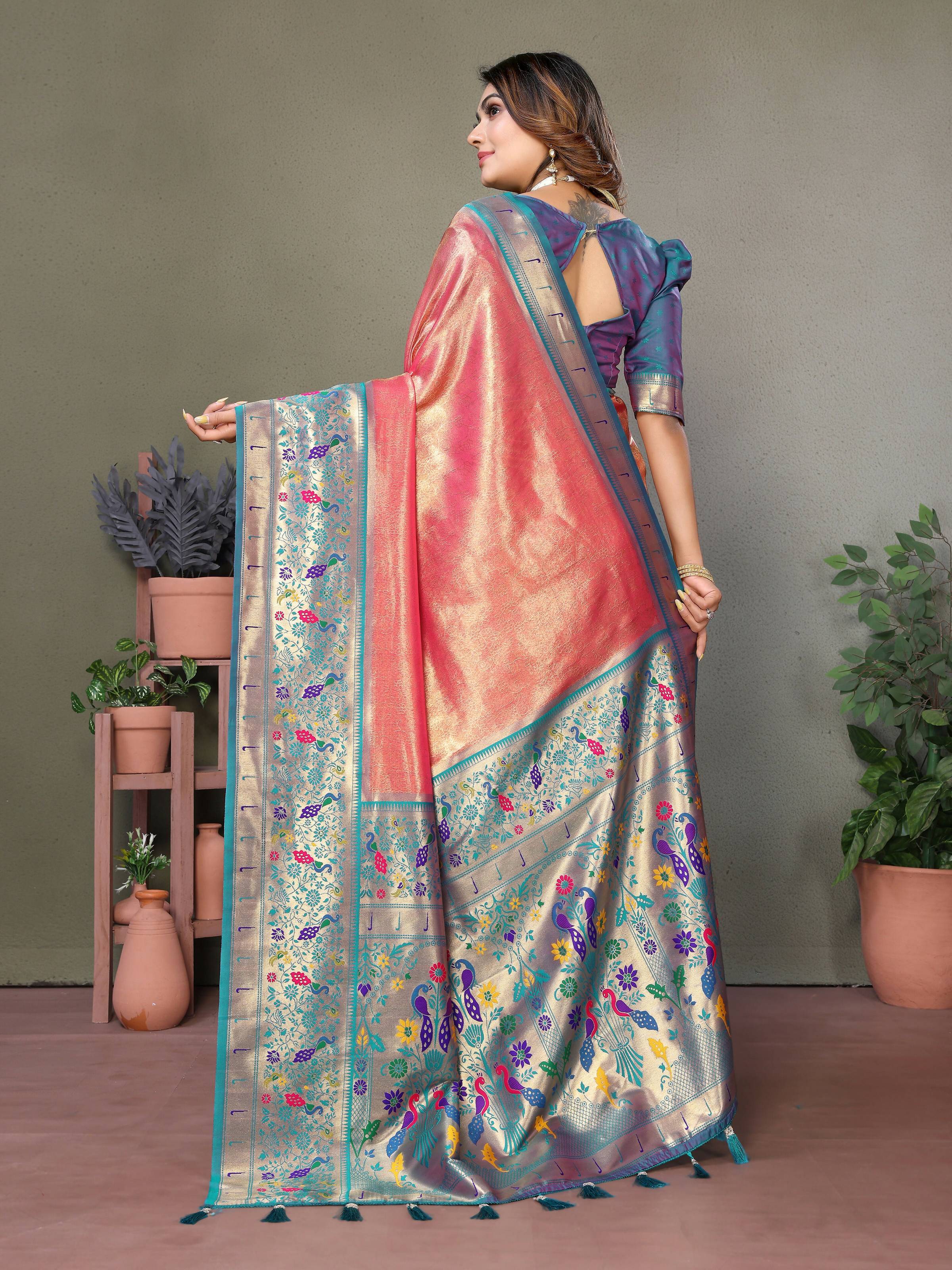 Aastha Fashion Dusty Pink Tissue Silk Paithani Woven Saree - Distacart