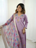 The52 Lavender Women's Gorgeous Embroidered work Viscose Gadhwal Fabric Straight Kurta, Pant and Dupatta Set - Distacart