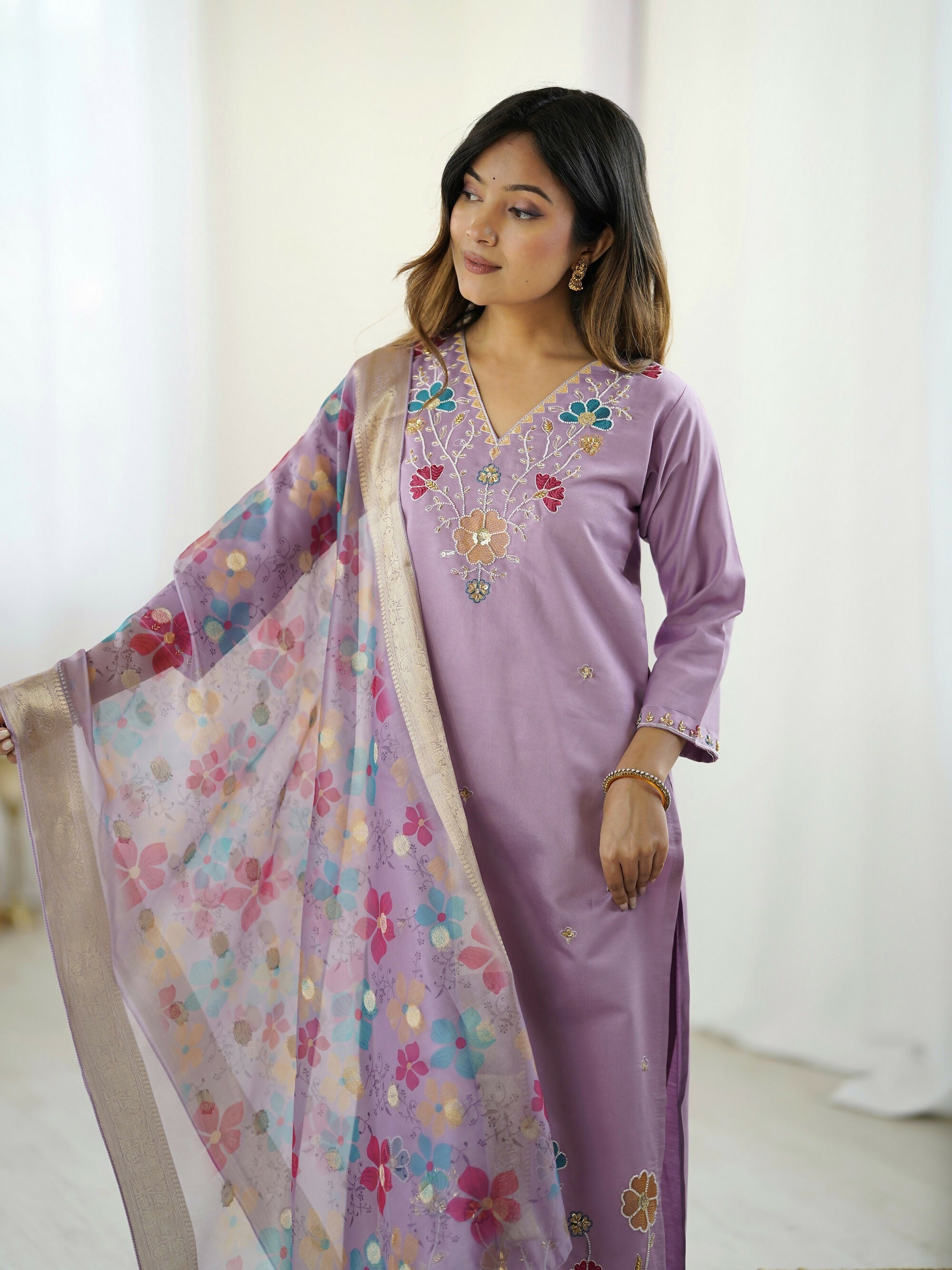 The52 Lavender Women's Gorgeous Embroidered work Viscose Gadhwal Fabric Straight Kurta, Pant and Dupatta Set - Distacart