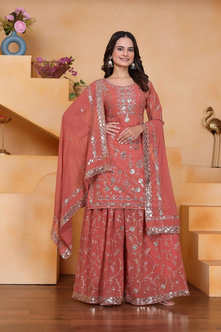 Teeya Creation Peach Color Faux Georgette Embroidery Work Wedding Wear Palazzo Set