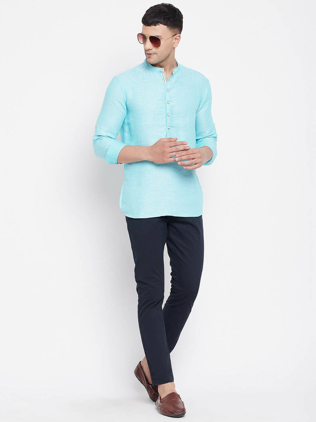 Even Apparels Pure Cotton Men's Kurta in Blue Color With Band Collar - Distacart