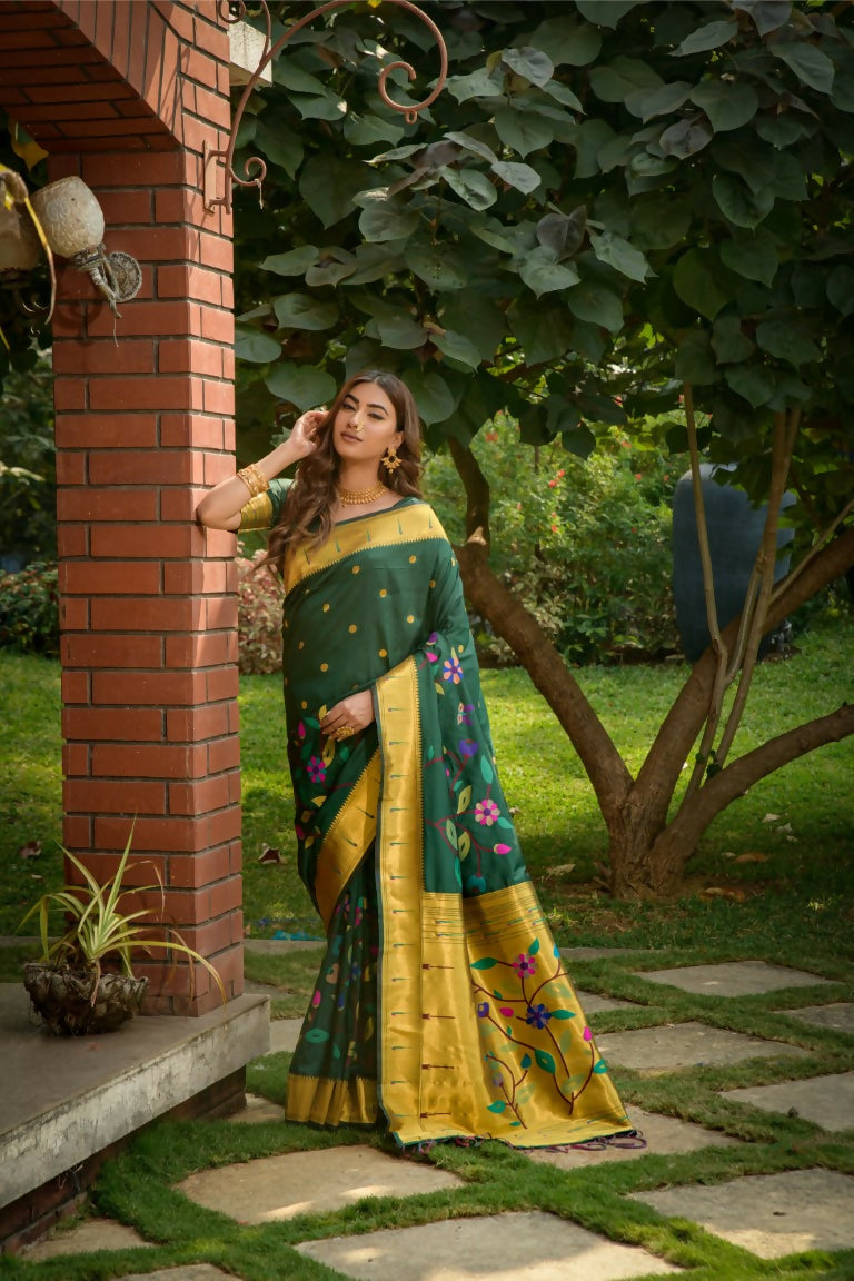 Jyoti Fashion Women's Bottle Green Paithani Silk Zari Woven Saree with Blouse