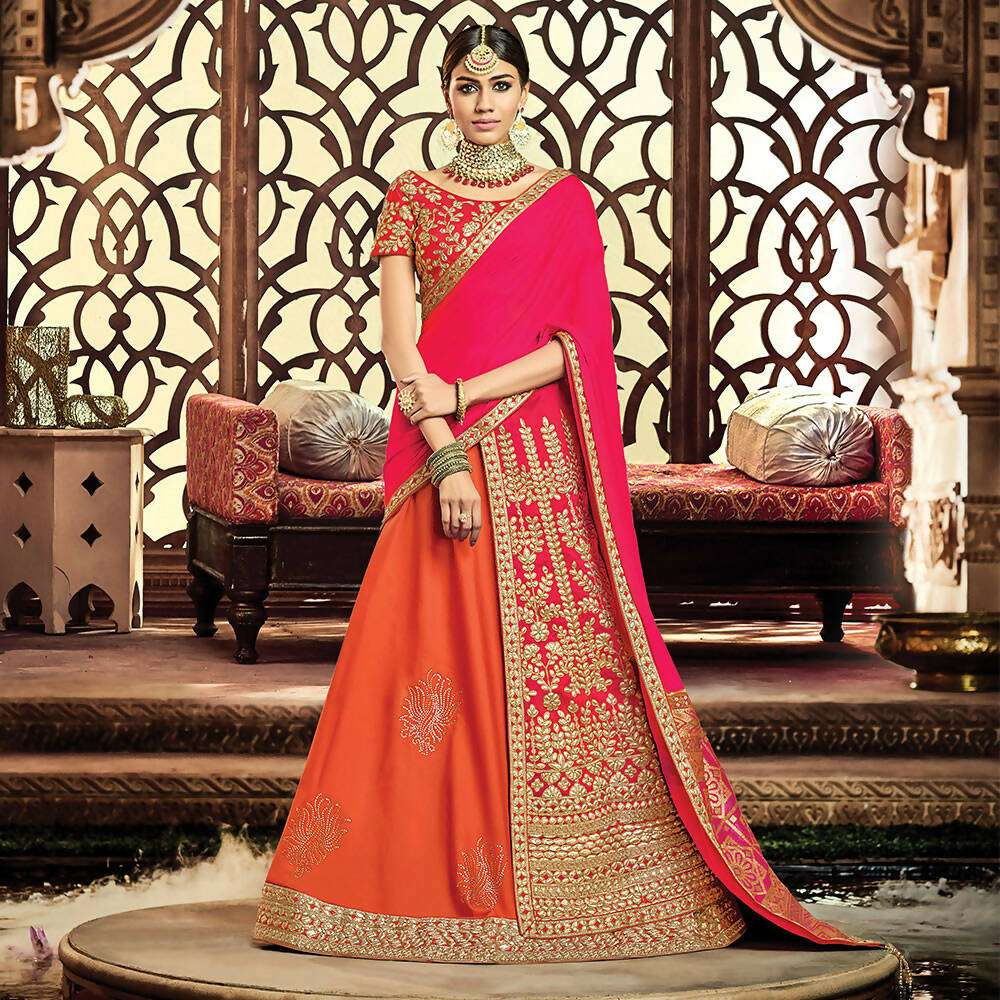 Orange, Pink Taffeta Silk, Raw Silk Gota Embroidery Semi-Stitched Lehenga Saree - Mohmanthan Dezzy