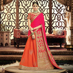 Orange, Pink Taffeta Silk, Raw Silk Gota Embroidery Semi-Stitched Lehenga Saree - Mohmanthan Dezzy