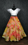 Dishitha Creation Floral Printed Stitched Lehenga & Crop Top - White & Orange