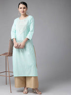 Yufta Women Turquoise Blue Yoke Design Mirror Work Kurta