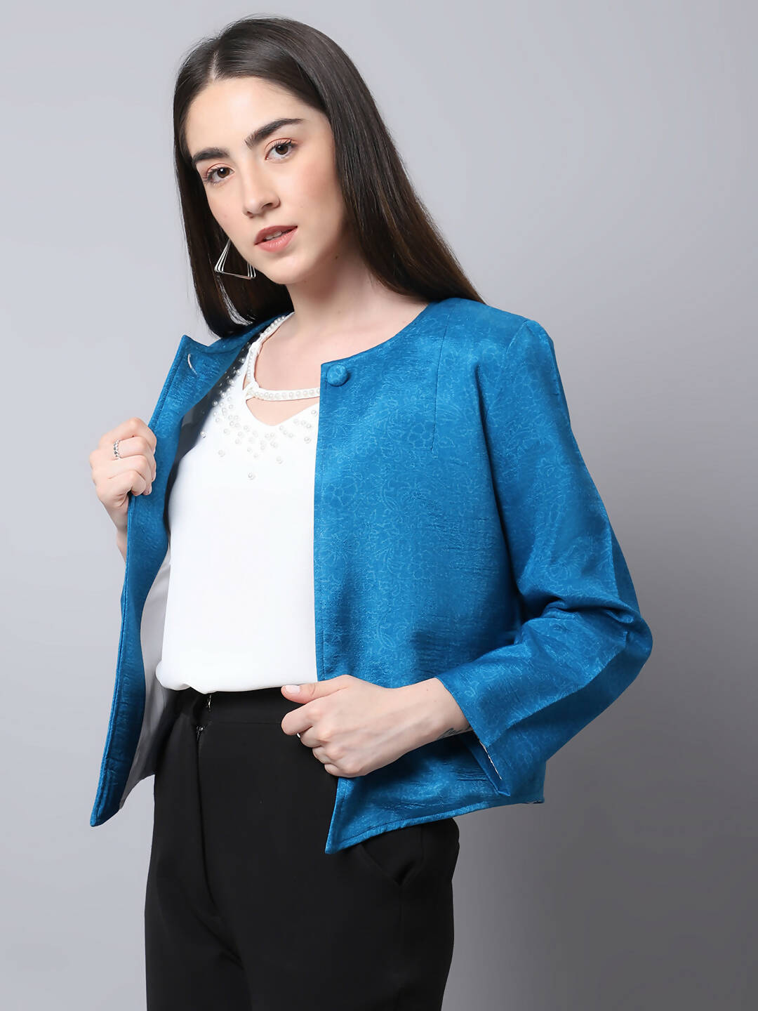 Even Apparels Blue 100% Viscose Open Front Statement Women's Jacket - Distacart