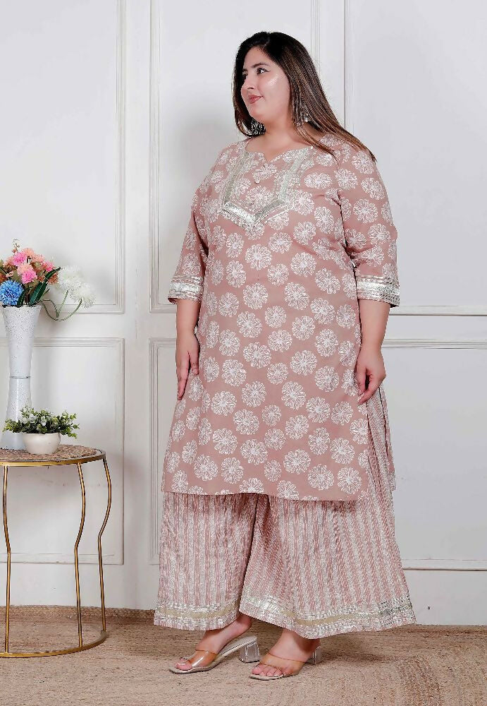 Miravan Plus Size Women Brown Floral Printed Straight Ethnic Kurta With Palazzo - Distacart