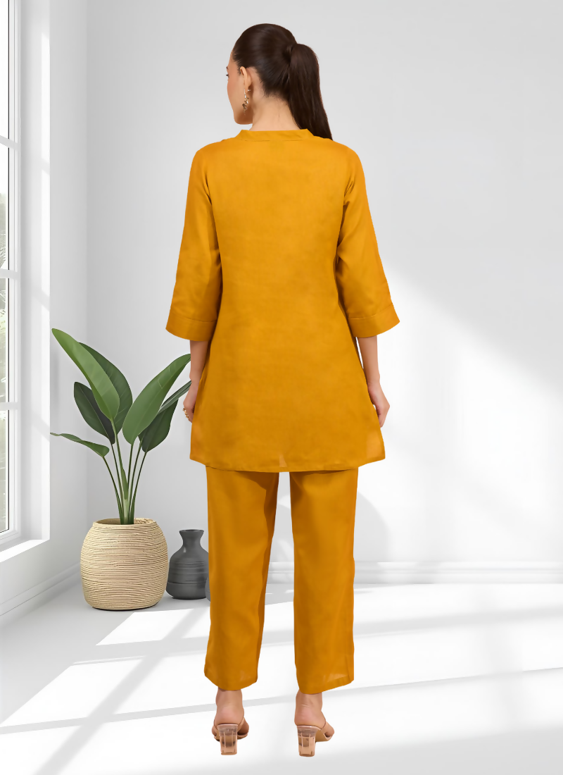 Joban Fashion Mustard Cotton, Linen Embroidered Readymade Cord Set - Distacart