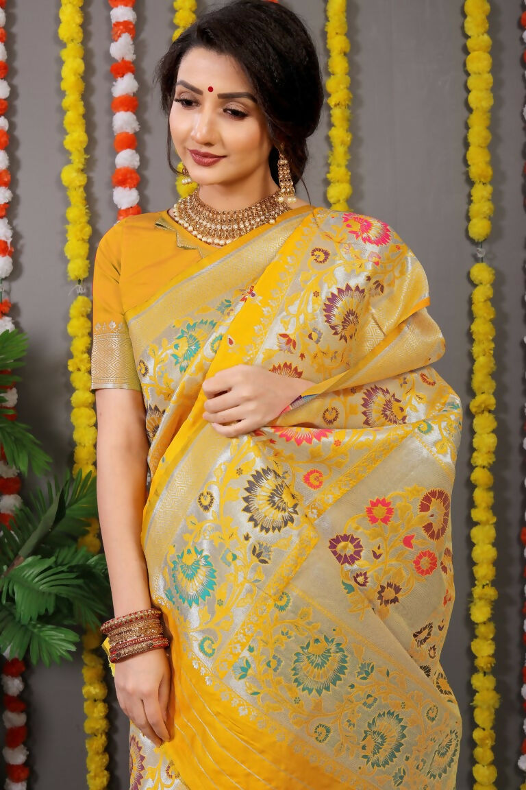 Jyoti Fashion Women's Yellow Banarasi Silk Zari Woven Saree with Blouse