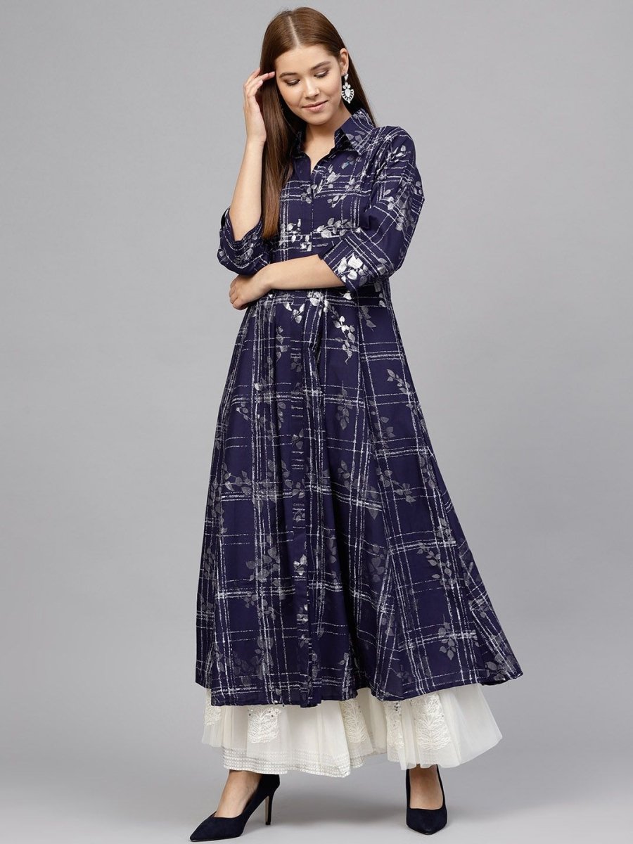 Ahalyaa Women's Navy Blue Cotton Printed Kurta
