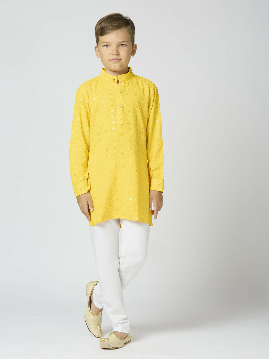 Joban Fashion Kids Island Full Sleeves Cotton Kurta and Pyjama Set with Sequin work - Yellow - Distacart