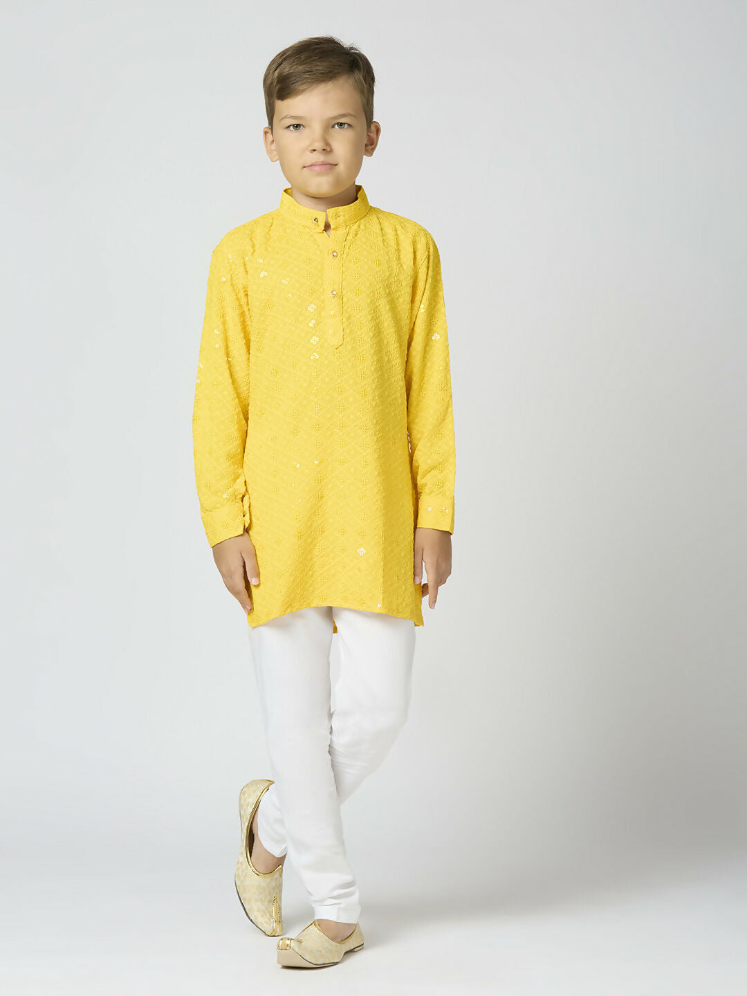 Joban Fashion Kids Island Full Sleeves Cotton Kurta and Pyjama Set with Sequin work - Yellow - Distacart