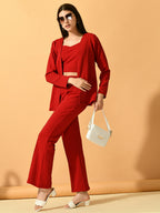 Myshka Women's Red Solid Coat With Trousers