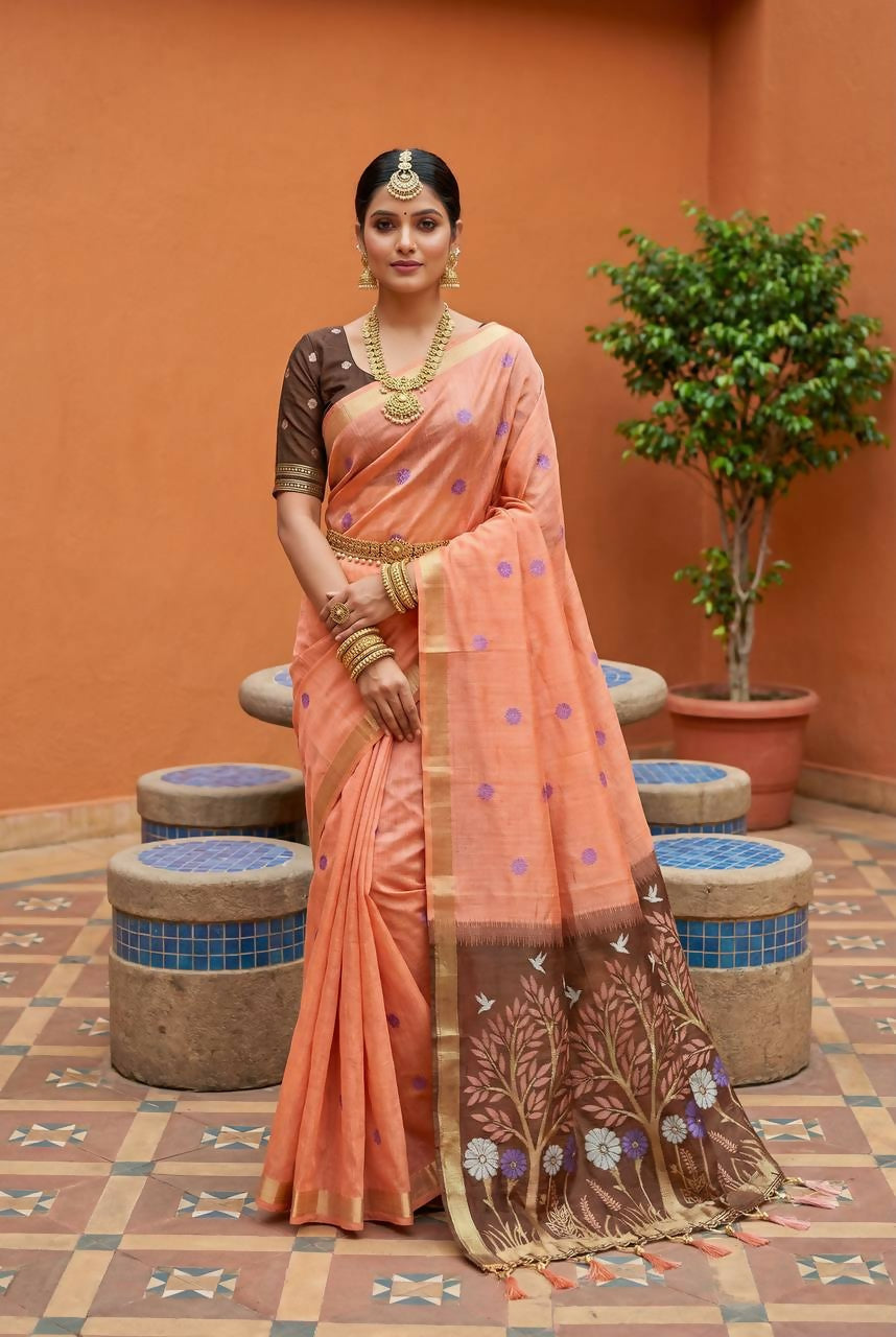 Vastranavya Peach Muga Cotton Meenakari & Azarakh Pallu Saree with Contrast Blouse - Distacart