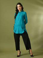 Myshka Women's Turquoise Blue Solid Cotton Longline Party Sheer Tunic