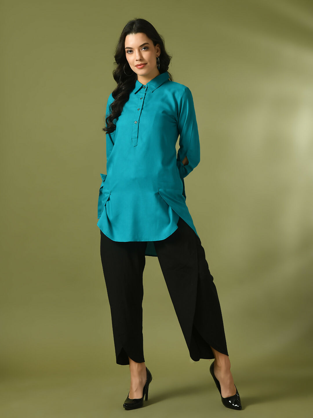 Myshka Women's Turquoise Blue Solid Cotton Longline Party Sheer Tunic