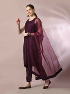 Myshka Women's Magenta Embroidered Cotton Straight Party Kurta Set With Dupatta