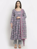 Rudra Bazaar Grey Printed Anarkali Suit Set With Dupatta - Distacart