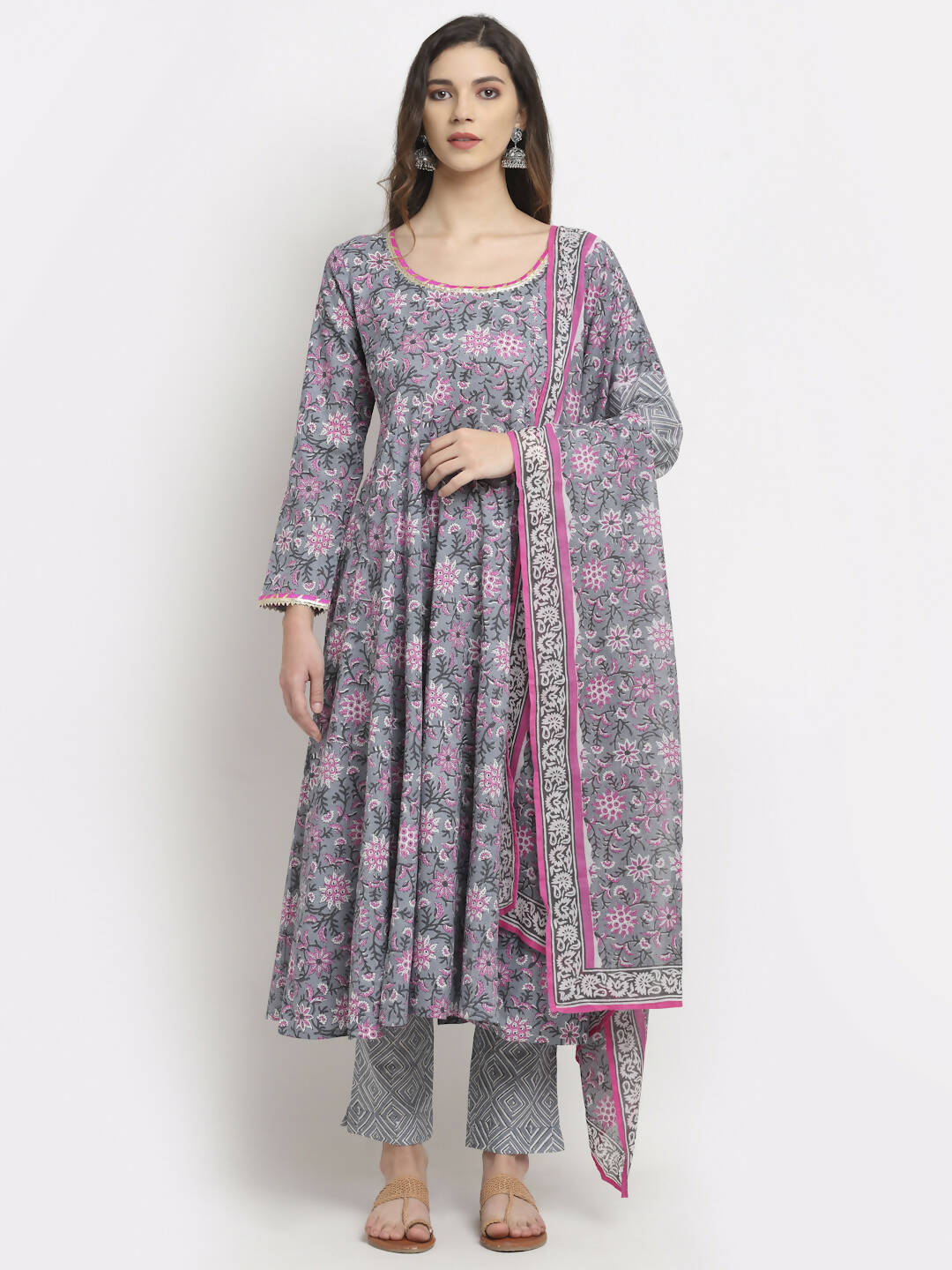 Rudra Bazaar Grey Printed Anarkali Suit Set With Dupatta - Distacart