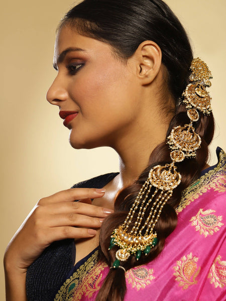 Gold-Polished Green Kundan Stone-Studded Head Chain - Ruby Raang