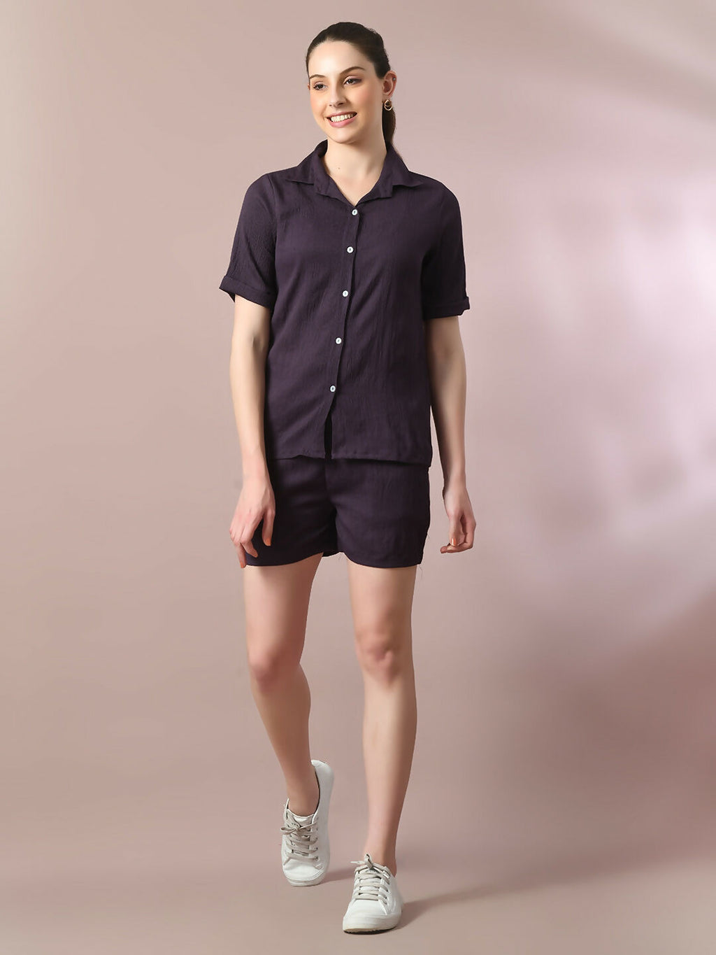 Myshka Women's Violet Solid Shirt Collar Party Shirt With Shorts Co-ord set