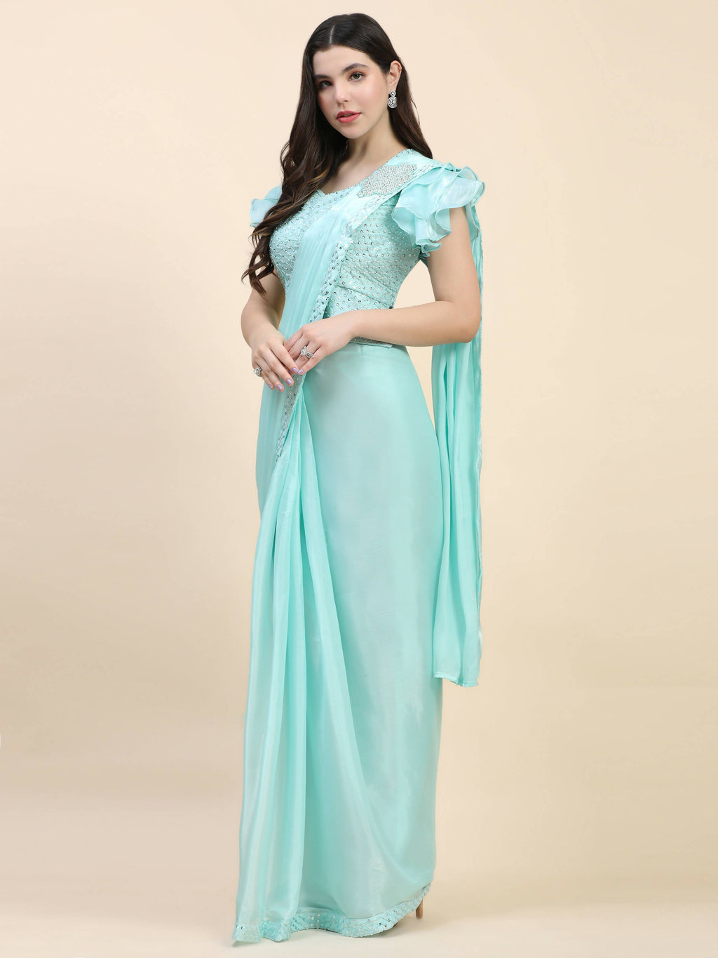 Light Blue Silk Satin Sequence Work Ready to Wear Saree with stitched Blouse - Nirvana
