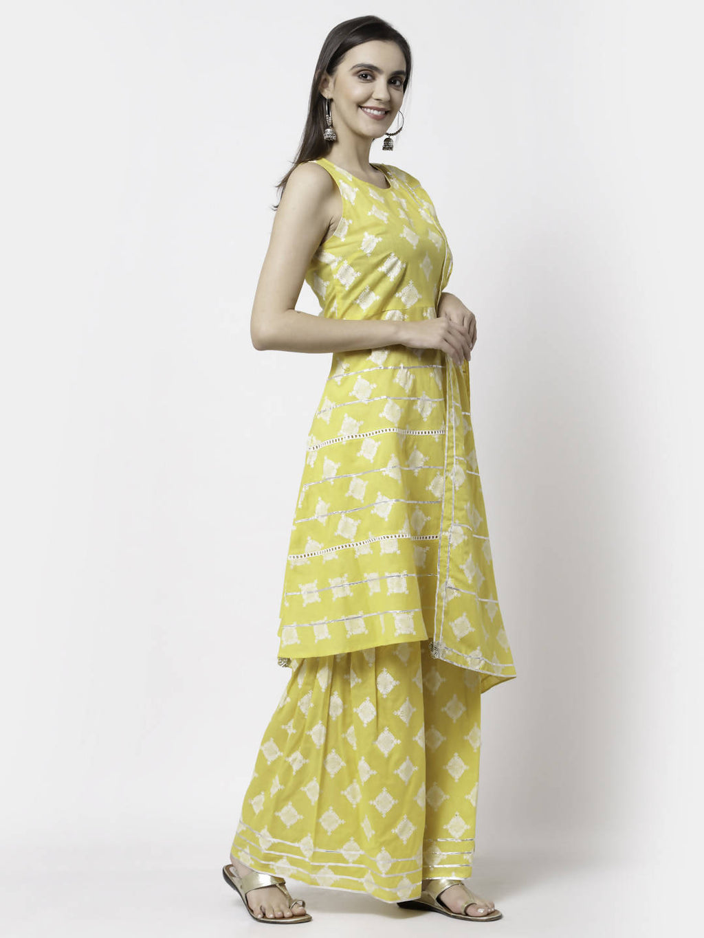 Myshka Yellow Pure Cotton Printed Sleeveless Round Neck Kurta Palazzo Dupatta Set