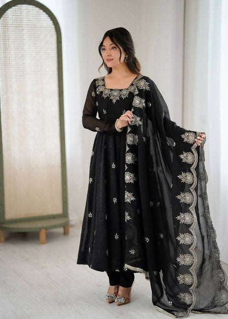 Teeya Creation Black Color Crunchy Silk Embroidery Work Wedding Wear Gown
