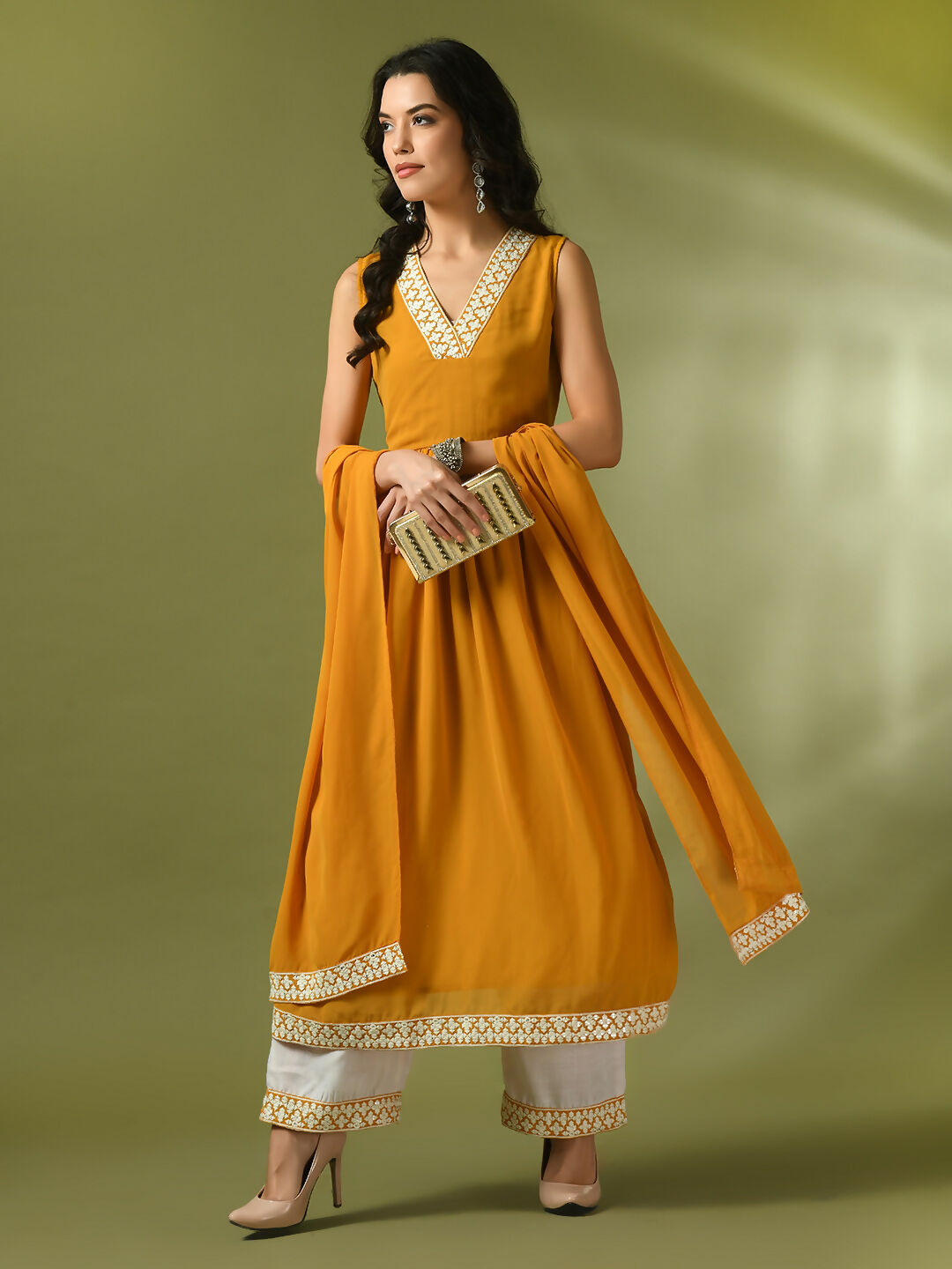 Myshka Women's Yellow Solid Georgette Anarkali Party Kurta Set With Dupatta