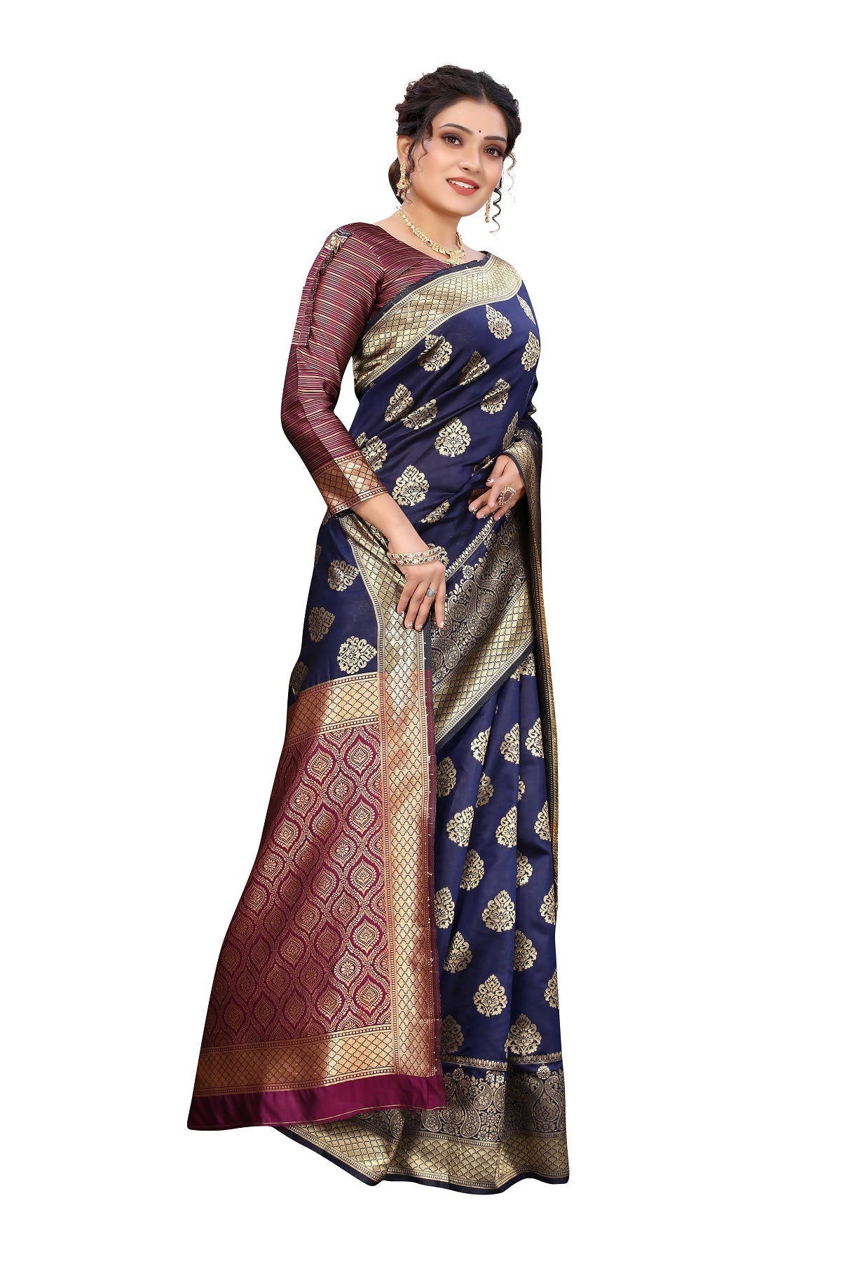 Vamika Ethnic Fire Navy Blue Weaving Banarasi Jacquard Saree - Distacart