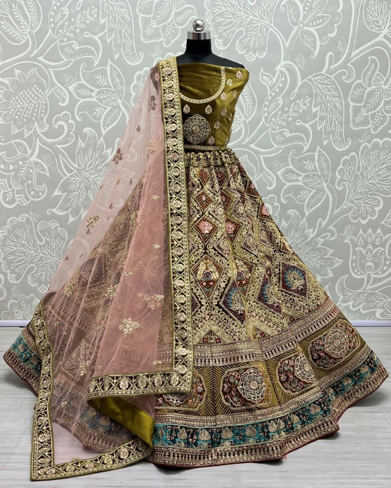 Jyoti Fashion Women's Mehendi Velvet Dori, Multi Thread Embroidered with Zircon Diamond Work Wedding Lehenga Choli
