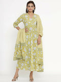 Miravan Women's Cotton Floral Print Anarkali Kurta With Dupatta